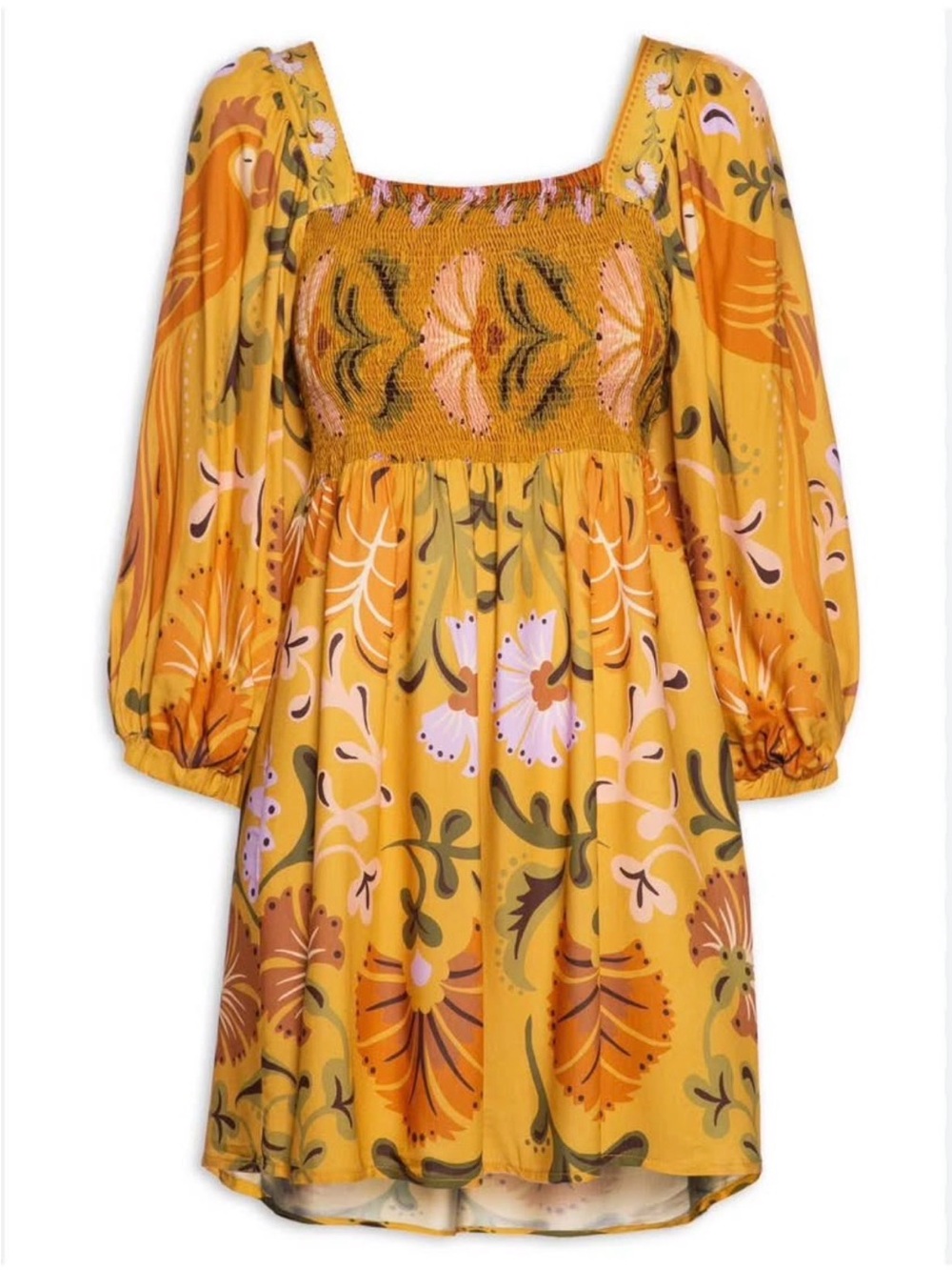 Farm Rio Mustard Floral Smocked Mini Dress – Size Small